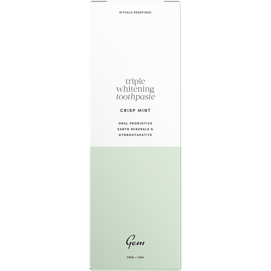 Gem toothpaste Triple Whitening Crisp Mint packaging for effective whitening and healthy smile.