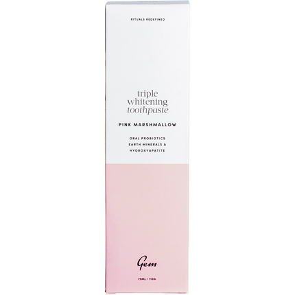 Gem toothpaste Triple Whitening Pink Marshmallow packaging for effective whitening and healthy smile.