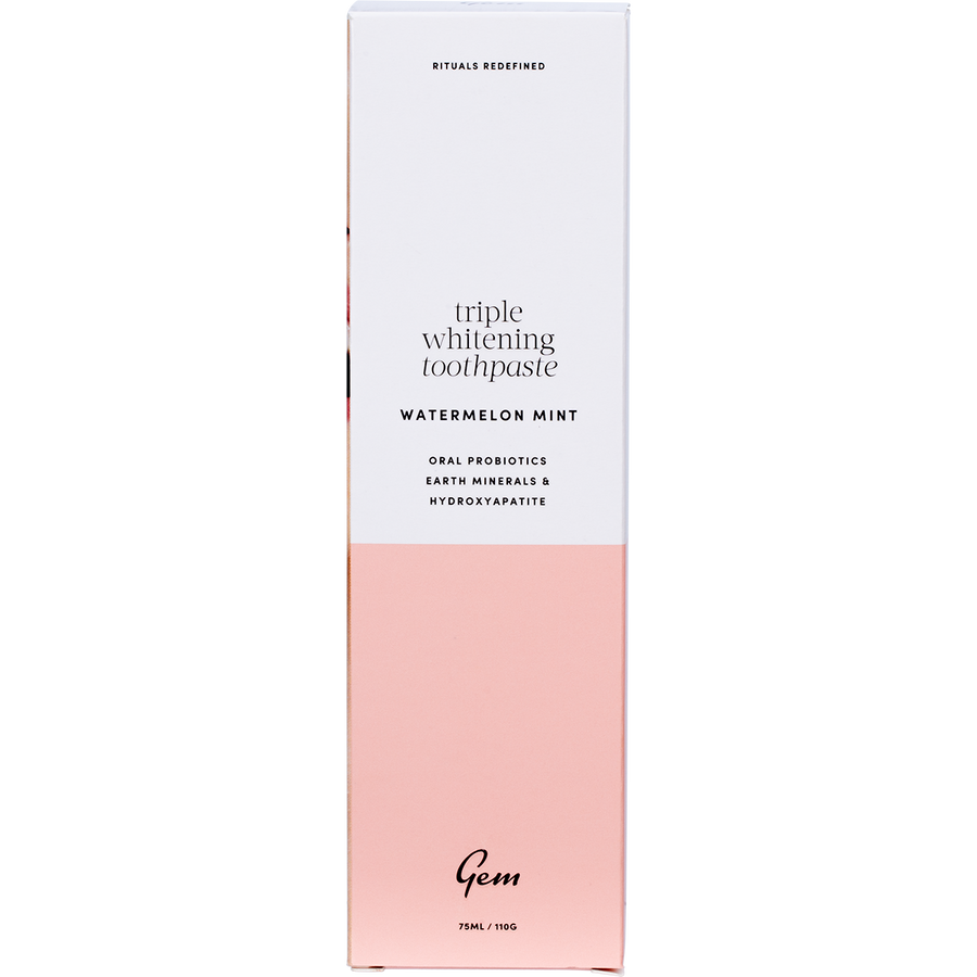 Gem toothpaste Triple Whitening Watermelon Mint packaging for effective whitening and healthy smile.