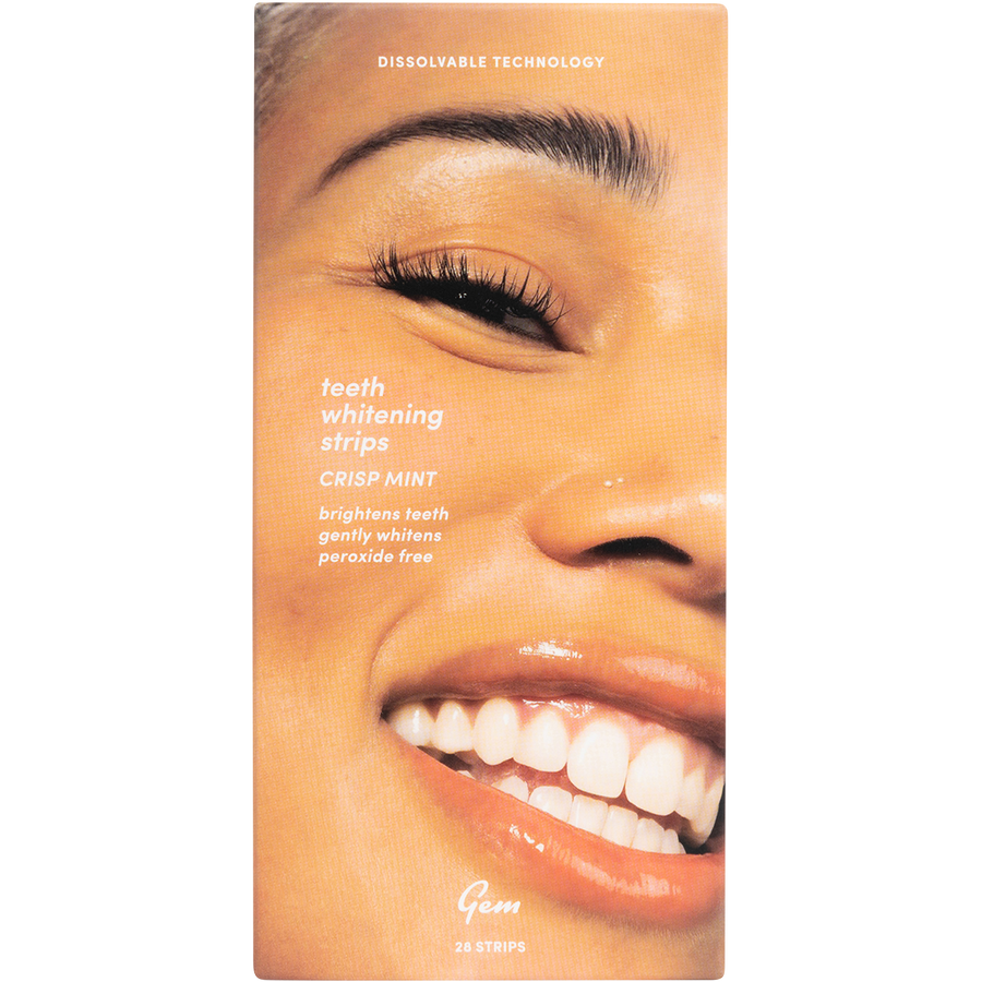 Gem whitening strips Crisp Mint box for brighter gem teeth and effective at home teeth bleaching.