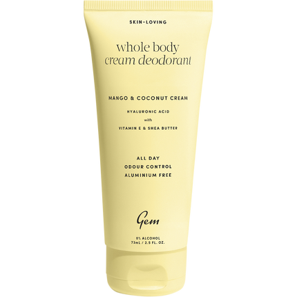 Gem whole body cream deodorant Mango & Coconut with tropical fragrance and long lasting freshness.