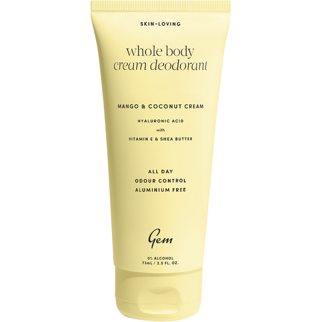 Gem whole body cream deodorant Mango & Coconut with tropical fragrance and long lasting freshness.