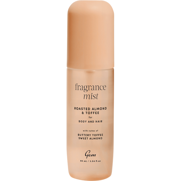 Gem Roasted Almond & Toffee hair and body mist bottle, a warm nutty fragrance spray with a sweet toffee edge.
