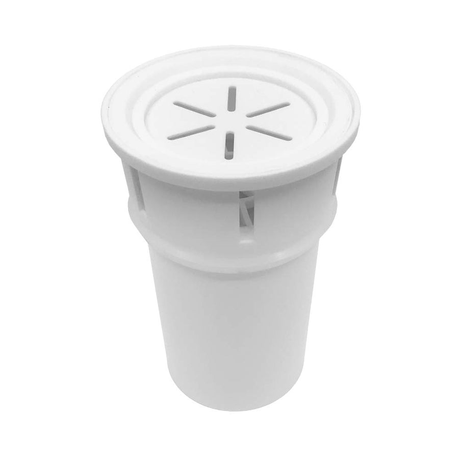 White plastic drain cover with star-shaped center on a white background