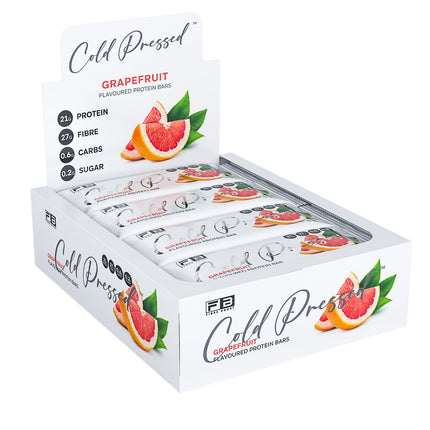 Box of Fibre Boost Grapefruit flavoured cold pressed protein bar, high fibre and 20g+ protein