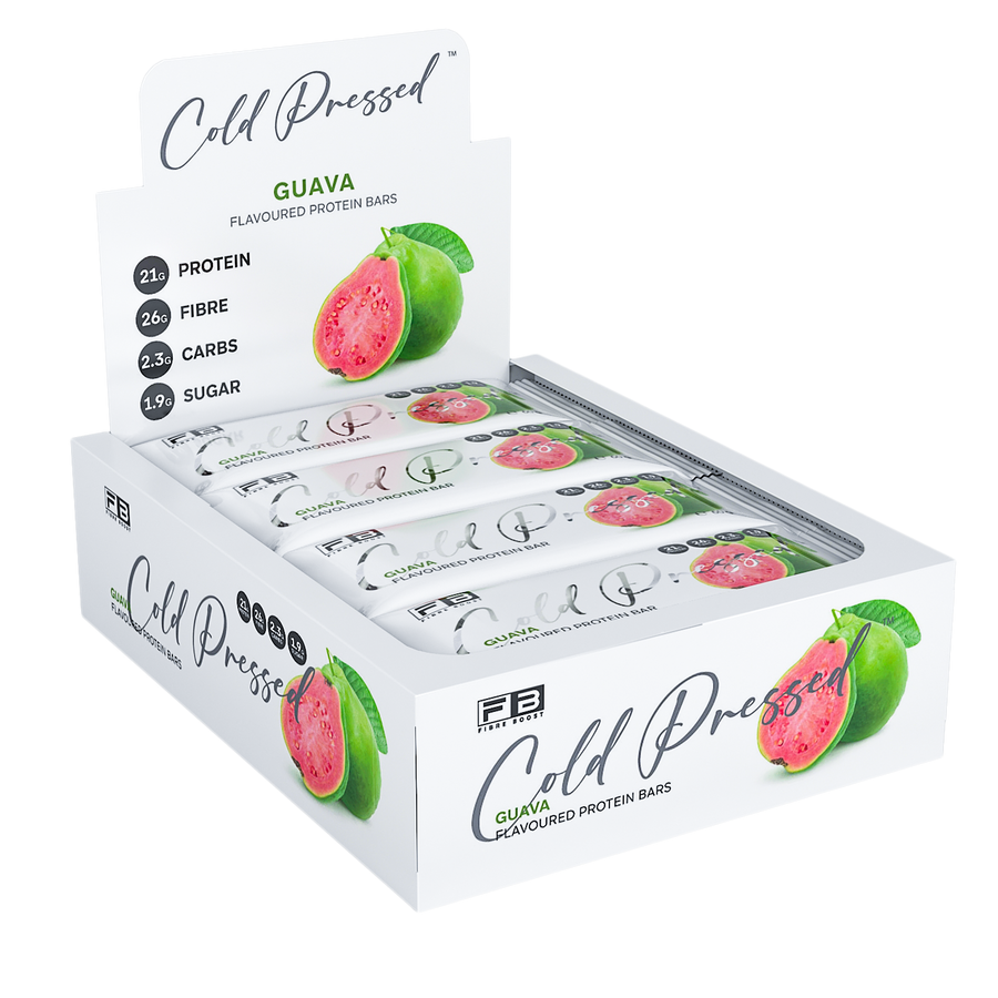 Box of Cold Pressed Guava protein bars on a white background