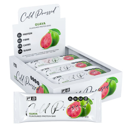 Box of Fibre Boost Guava flavoured cold pressed protein bar, high fibre and 20g+ protein