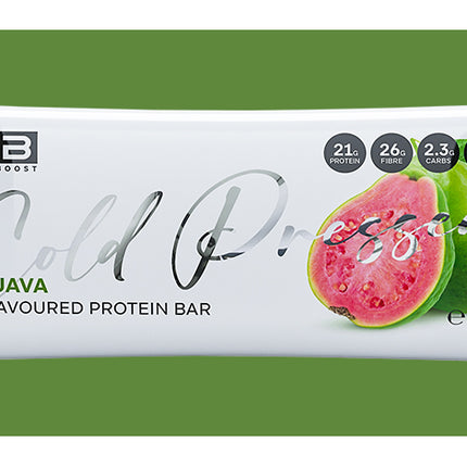 Guava-flavored protein bar packaging on a green background