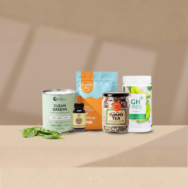 Gut Health Starter Pack displayed on kitchen counter for daily wellness routine