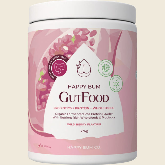 Happy Bum GutFood Wild Berry, organic fermented pea protein powder with probiotics, 374g tub