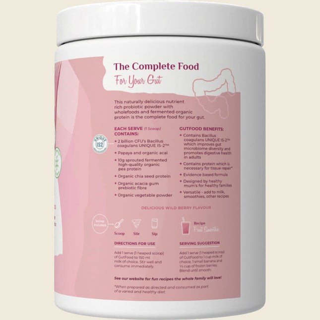 Side of Happy Bum GutFood tub describing probiotic and wholefood ingredients and directions for use
