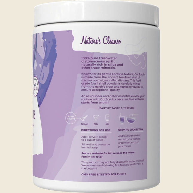Side of Happy Bum GutScrub tub describing diatomaceous earth and directions for use