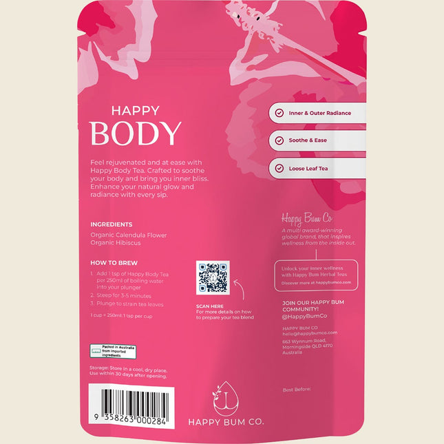 Back of Happy Bum Happy Body Tea pouch showing ingredients and brewing instructions