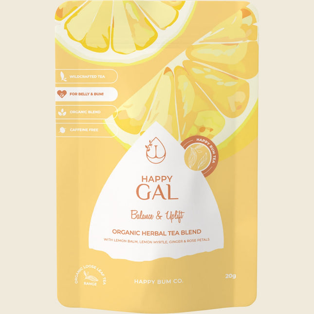 Happy Bum Happy Gal Tea, organic lemon balm and ginger loose leaf tea, 20g pouch
