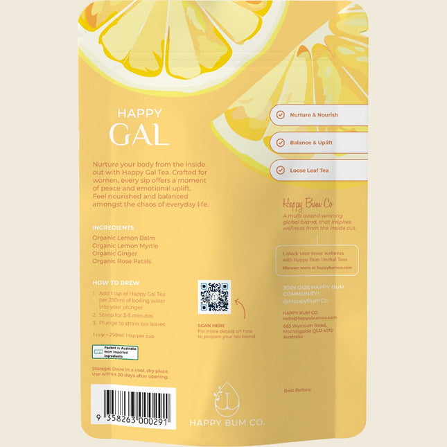 Back of Happy Bum Happy Gal Tea pouch showing ingredients and brewing instructions