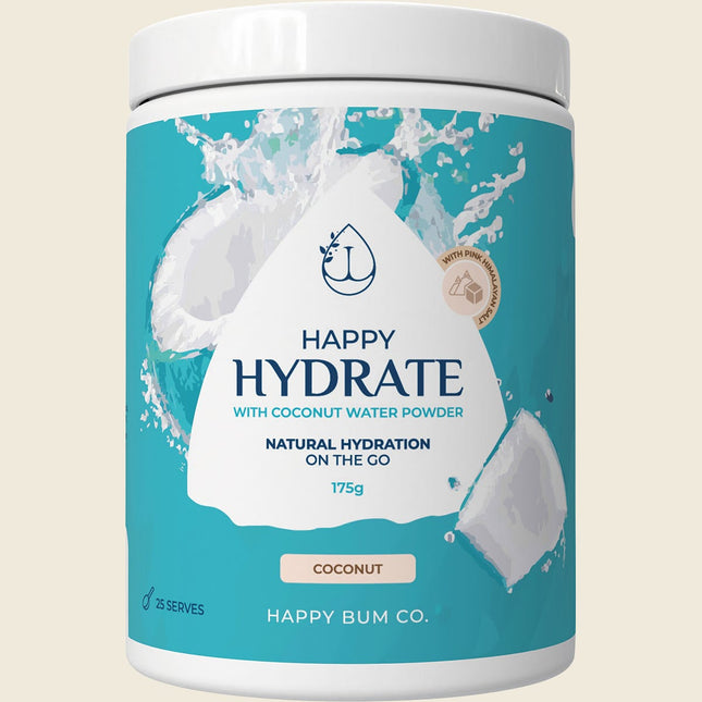 Happy Bum Happy Hydrate Coconut electrolyte powder, 175g tub