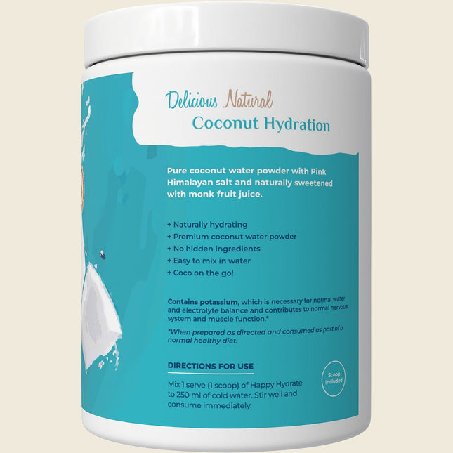 Side of Happy Bum Happy Hydrate Coconut tub describing ingredients and directions for use