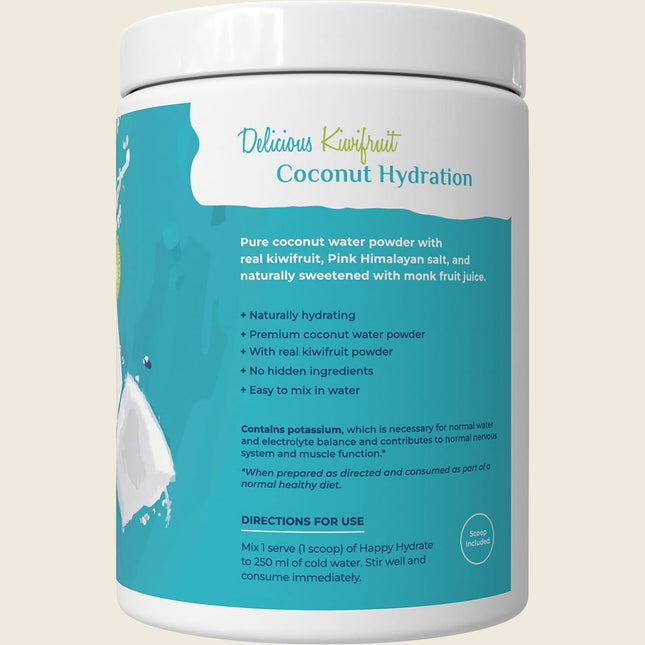 Side of Happy Bum Happy Hydrate Kiwifruit tub describing ingredients and directions for use