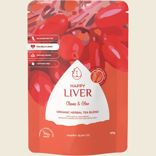 Happy Bum Happy Liver Tea, organic dandelion root and burdock loose leaf tea, 87g pouch