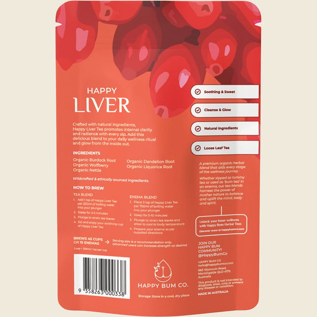 Back of Happy Bum Happy Liver Tea pouch showing ingredients and brewing instructions for tea and enema use