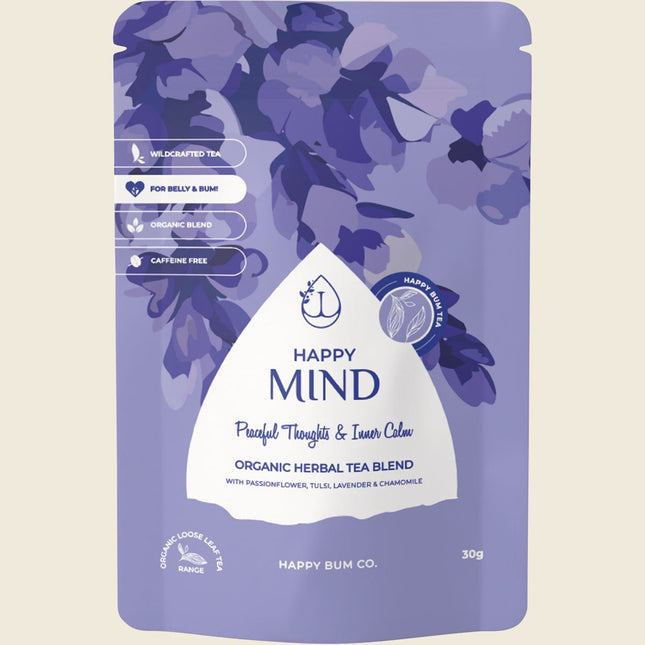 Happy Bum Happy Mind Tea, organic passionflower and tulsi loose leaf tea, 30g pouch