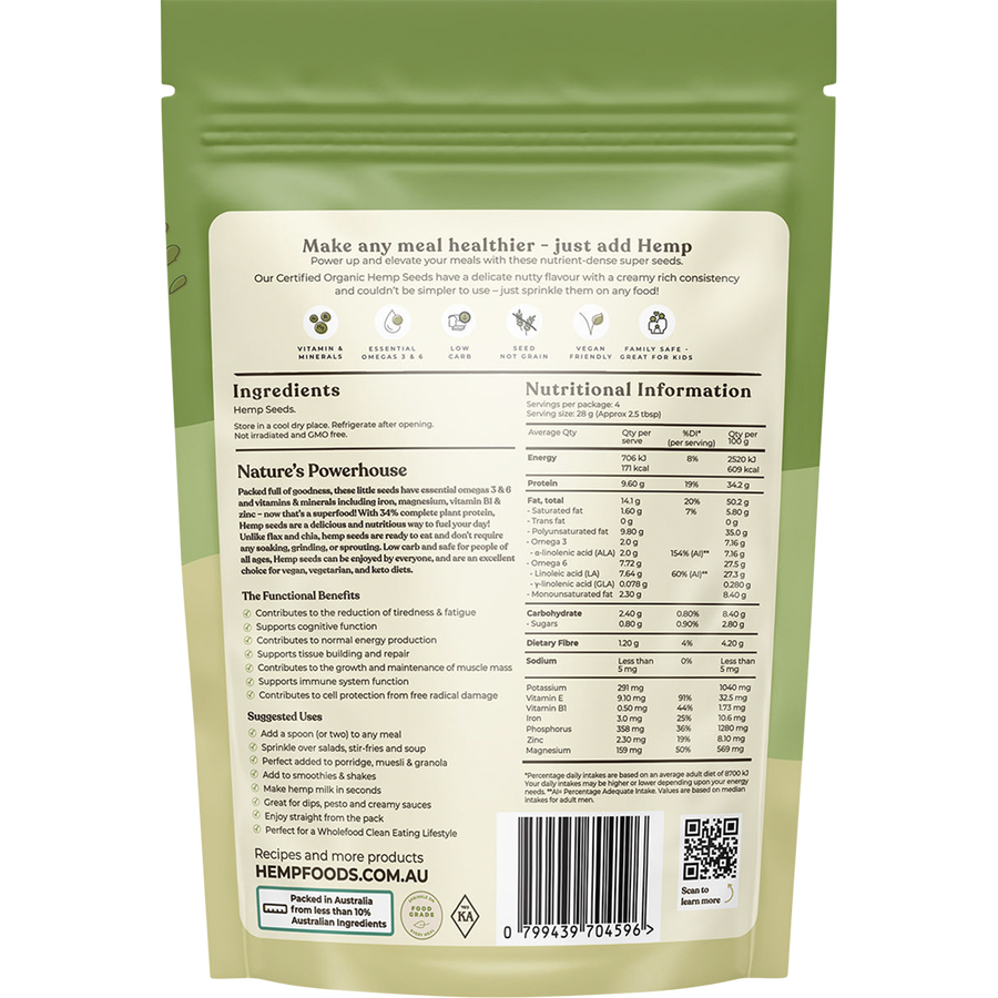 Hemp Foods Australia hemp seeds hulled in a clear bag