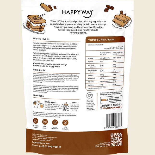 Back of Happy Way Whey Protein Powder Tiramisu pouch showing ingredients and nutrition information