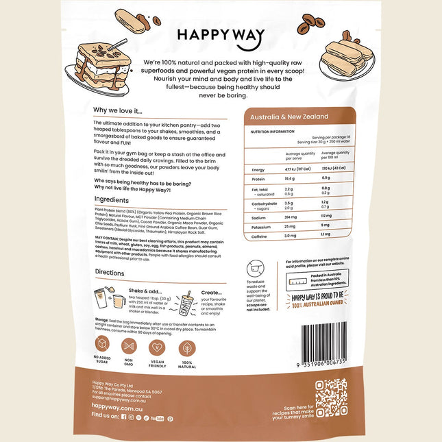 Back of Happy Way Vegan Protein Powder Tiramisu pouch showing ingredients and nutrition information