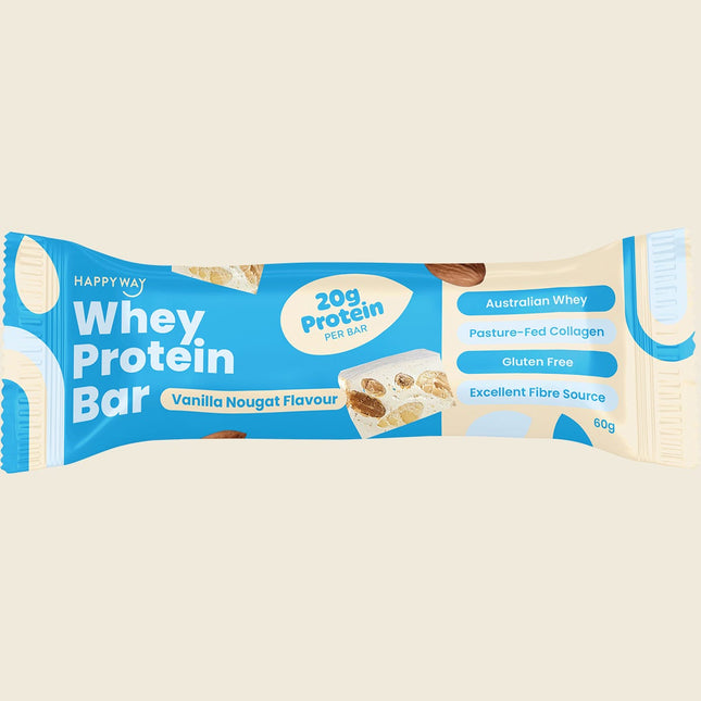 Happy Way Whey Protein Bar Vanilla Nougat, 20g protein per bar, 60g