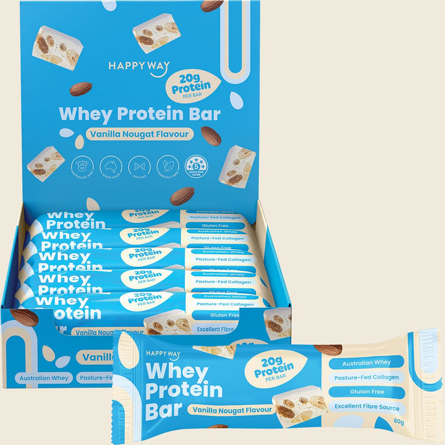 Happy Way Whey Protein Bar Vanilla Nougat, carton of 10 bars with individual bar shown