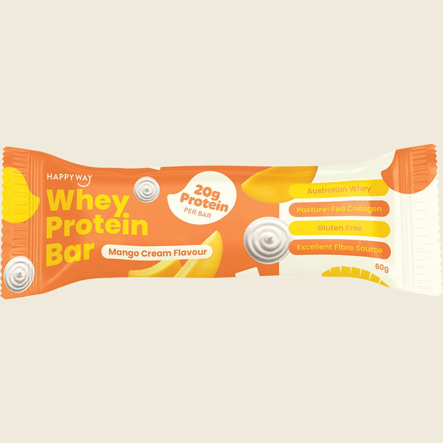 Happy Way Whey Protein Bar Mango Cream, 20g protein per bar, 60g
