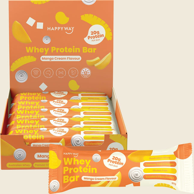 Happy Way Whey Protein Bar Mango Cream, carton of 10 bars with individual bar shown