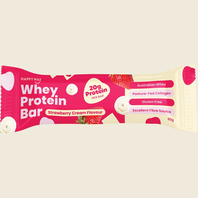 Happy Way Whey Protein Bar Strawberry Cream, 20g protein per bar, 60g
