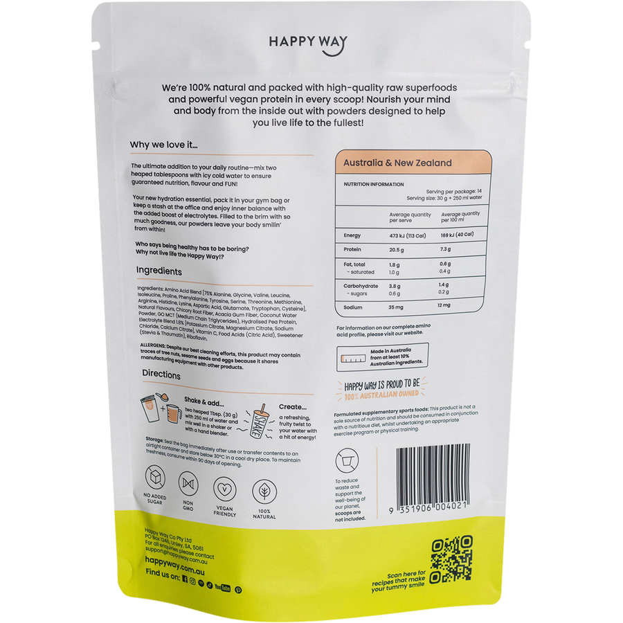 Happy Way vegan protein water apple peach refreshing protein hydration beverage