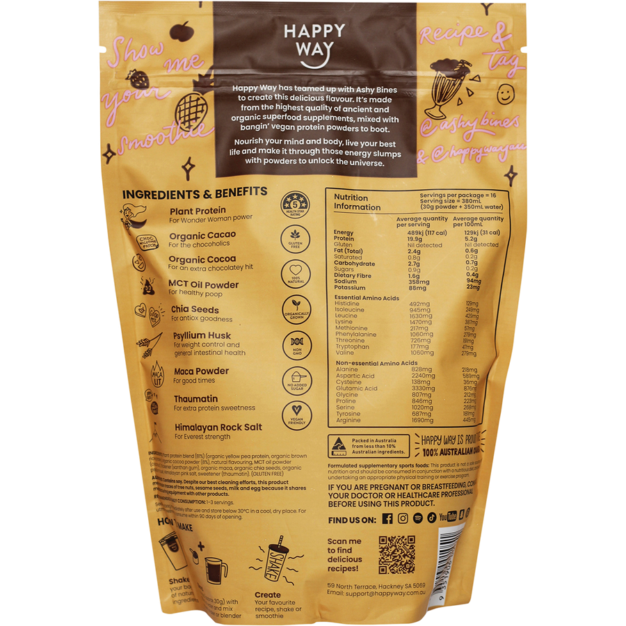 Happy Way Ashy Bines vegan protein powder choc caramel dairy free protein for daily nutrition