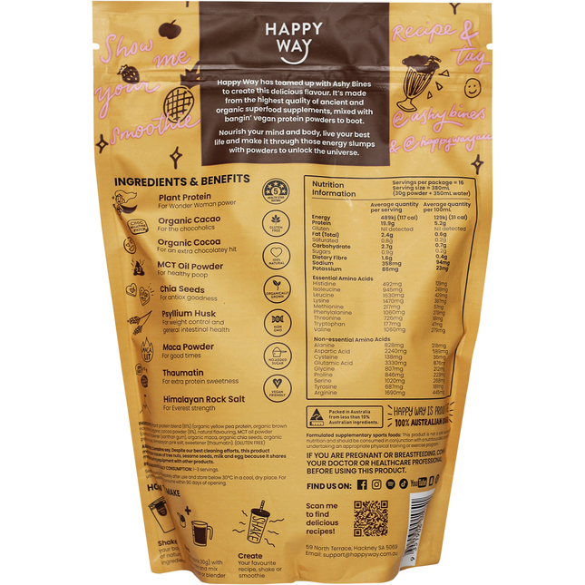 Happy Way Ashy Bines vegan protein powder choc caramel dairy free protein for daily nutrition