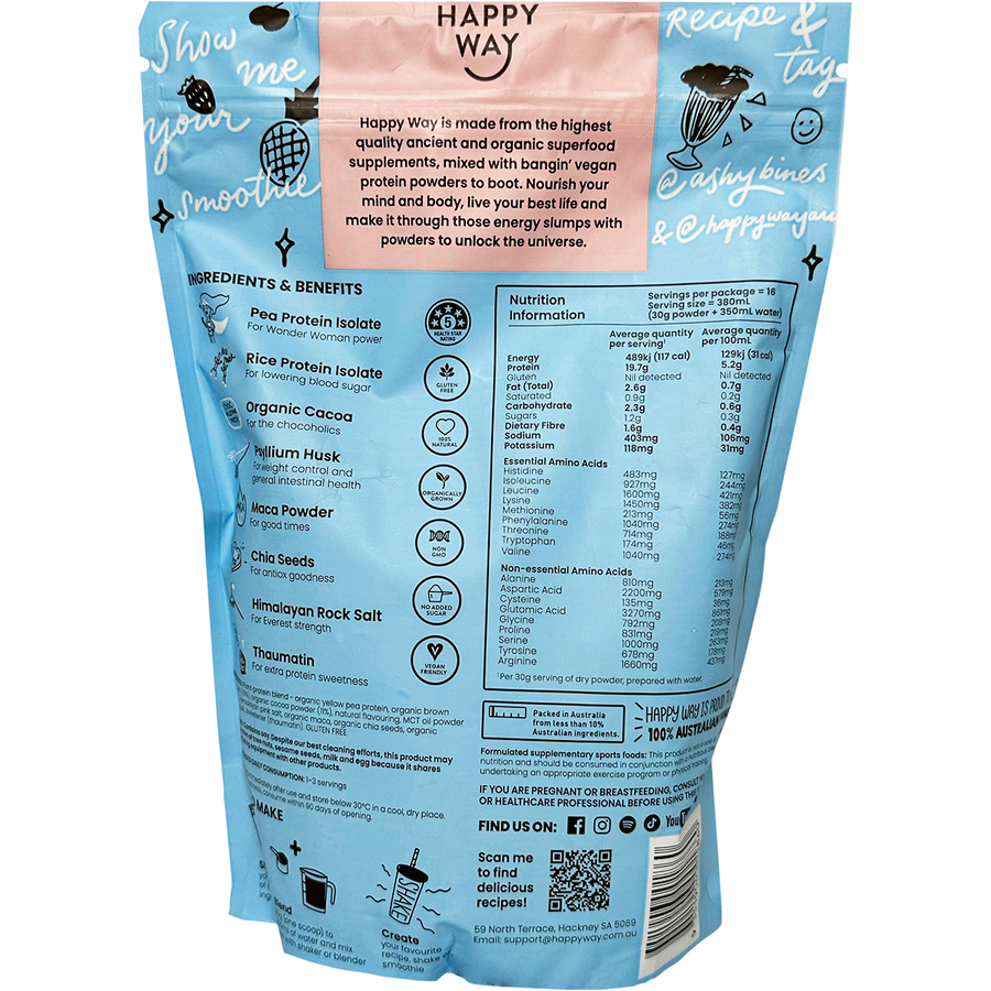 Happy Way Ashy Bines whey protein powder choc coconut smooth flavour for shakes and daily nutrition