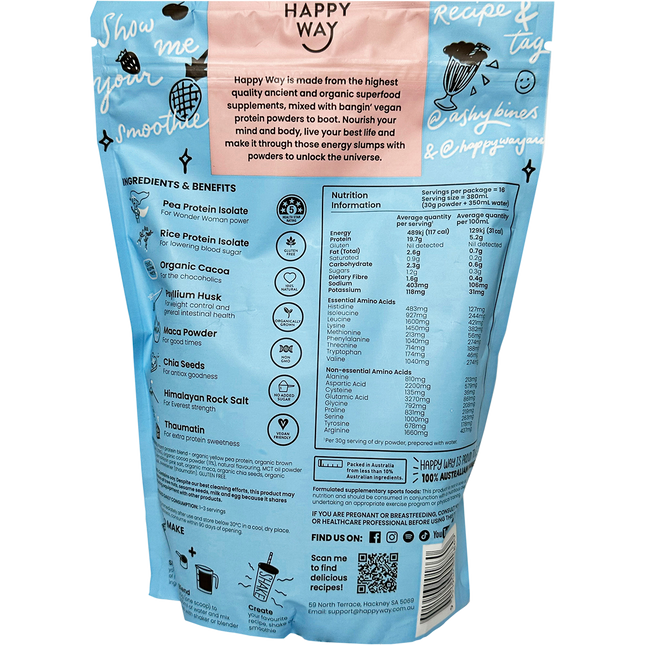 Happy Way Ashy Bines whey protein powder choc coconut smooth flavour for shakes and daily nutrition