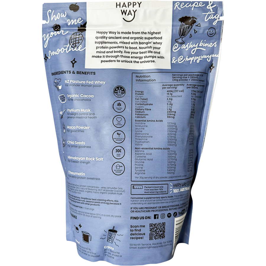 Happy Way Ashy Bines whey protein powder choc coconut smooth flavour for shakes and daily nutrition
