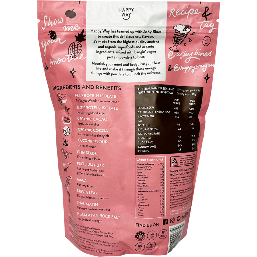 Happy Way Ashy Bines vegan protein powder triple choc fudge dairy free protein for daily nutrition