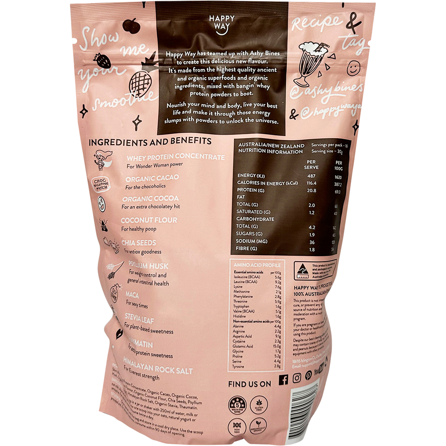Happy Way Ashy Bines whey protein powder triple choc fudge smooth flavour for shakes and daily nutrition