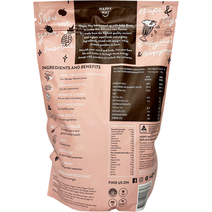 Happy Way Ashy Bines whey protein powder triple choc fudge smooth flavour for shakes and daily nutrition