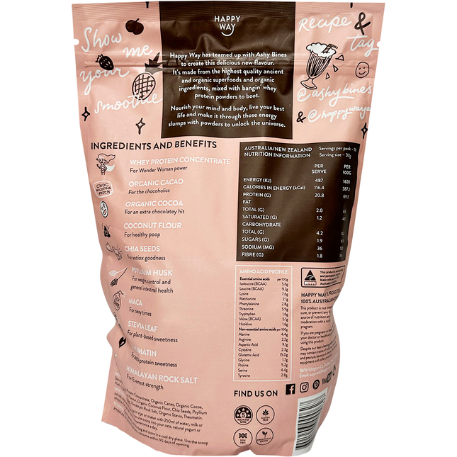 Happy Way Ashy Bines whey protein powder triple choc fudge smooth flavour for shakes and daily nutrition