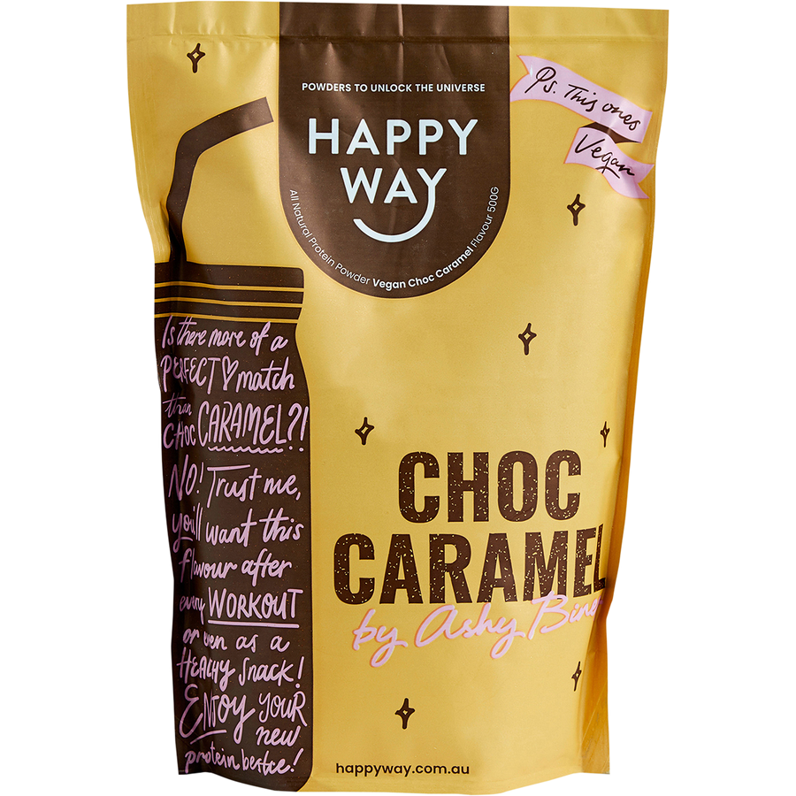 Happy Way Ashy Bines vegan protein powder choc caramel plant based protein for shakes and recovery