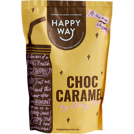 Happy Way Ashy Bines vegan protein powder choc caramel plant based protein for shakes and recovery