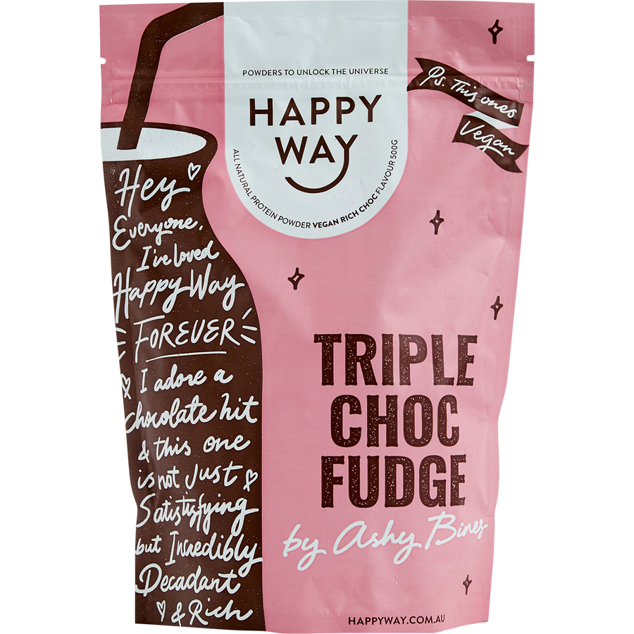 Happy Way Ashy Bines vegan protein powder triple choc fudge plant based protein for shakes and recovery