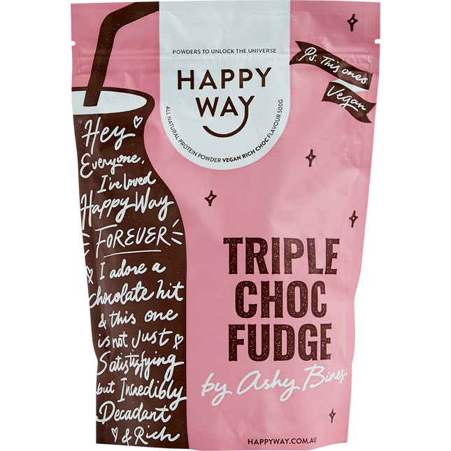 Happy Way Ashy Bines vegan protein powder triple choc fudge plant based protein for shakes and recovery