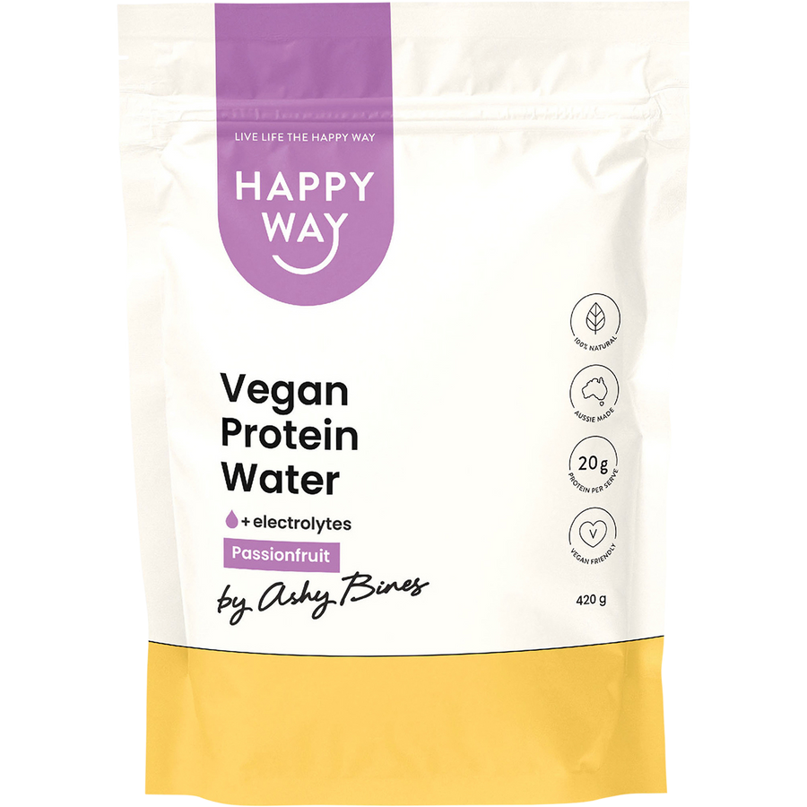 Happy Way Ashy Bines vegan protein water passionfruit plant based protein hydration drink