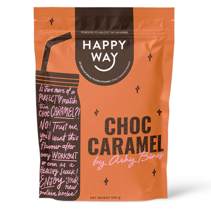 Happy Way Ashy Bines whey protein powder choc caramel for muscle recovery and lean protein intake