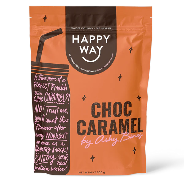 Happy Way Ashy Bines whey protein powder choc caramel for muscle recovery and lean protein intake